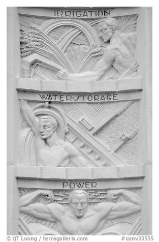 Detail of bas-relief  celebrating benefits of the dam, Hoover Dam. Hoover Dam, Nevada and Arizona (black and white)