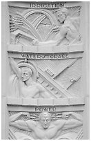 Detail of bas-relief  celebrating benefits of the dam, Hoover Dam. Hoover Dam, Nevada and Arizona (black and white)