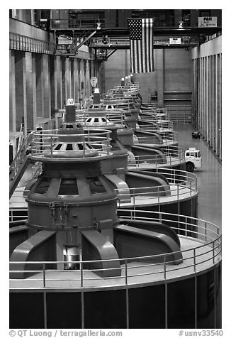 Row of electrical generators. Hoover Dam, Nevada and Arizona (black and white)