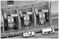 Transformers on  ramp outside the power plant. Hoover Dam, Nevada and Arizona ( black and white)