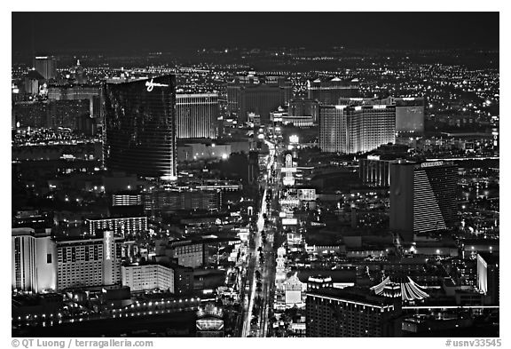 Black and White Picture/Photo: The Strip at night seen from above. Las Vegas,  Nevada, USA