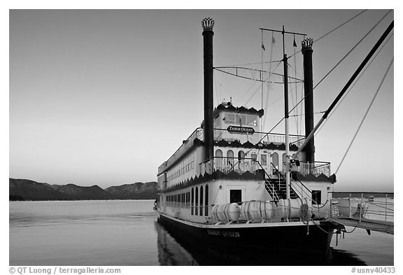 Tahoe Queen paddle boat at dawn, South Lake Tahoe, Nevada. USA (black and white)