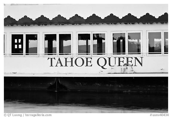Side of Tahoe Queen boat with mountains seen through, South Lake Tahoe, Nevada. USA (black and white)