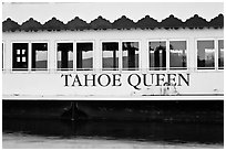 Side of Tahoe Queen boat with mountains seen through, South Lake Tahoe, Nevada. USA ( black and white)