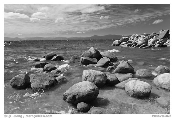 Boulders in lake, Sand Harbor, East Shore, Lake Tahoe, Nevada. USA (black and white)