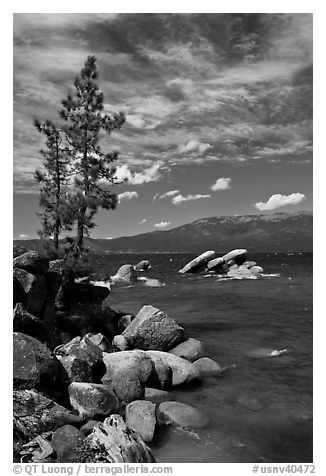 Shore with boulders, Sand Harbor, Lake Tahoe-Nevada State Park, Nevada. USA (black and white)