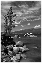 Shore with boulders, Sand Harbor, Lake Tahoe-Nevada State Park, Nevada. USA ( black and white)