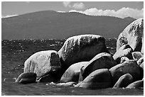 Boulders, lake, and mountains, Lake Tahoe-Nevada State Park, Nevada. USA ( black and white)