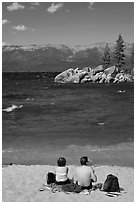 Couple on sandy beach, Lake Tahoe-Nevada State Park, Nevada. USA (black and white)