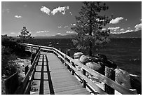 Boardwalk by lake, Sand Harbor, East Shore, Lake Tahoe, Nevada. USA (black and white)