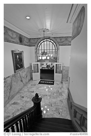 Office of the governor seen from staircase inside Nevada State Capitol. Carson City, Nevada, USA (black and white)