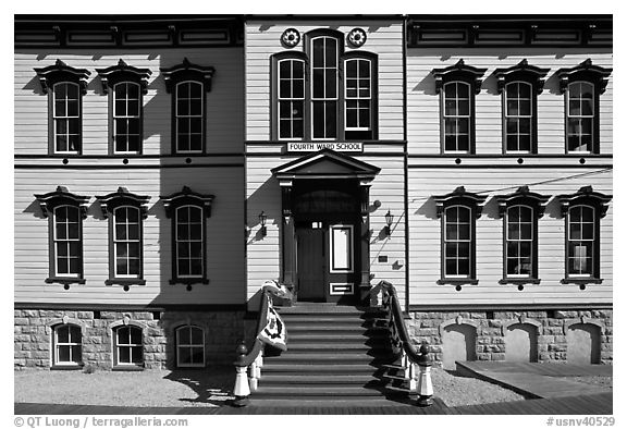 Historic fourth ward school facade. Virginia City, Nevada, USA (black and white)