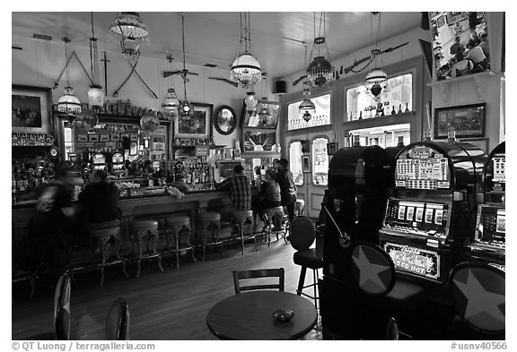 Slot machines in saloon. Virginia City, Nevada, USA (black and white)