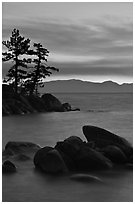 Boulders and trees, sunset, Sand Harbor, East Shore, Lake Tahoe, Nevada. USA (black and white)