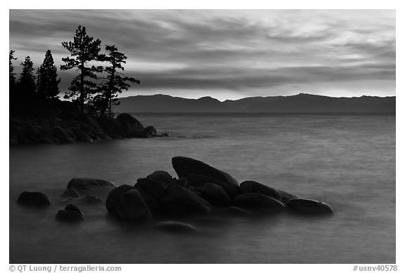 Rocks and trees, sunset, Sand Harbor, East Shore, Lake Tahoe, Nevada. USA