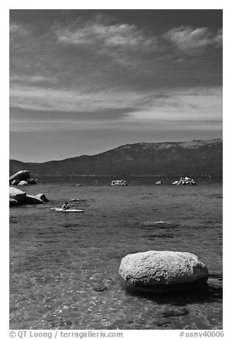 Boulders and kayak, Lake Tahoe-Nevada State Park, Nevada. USA (black and white)