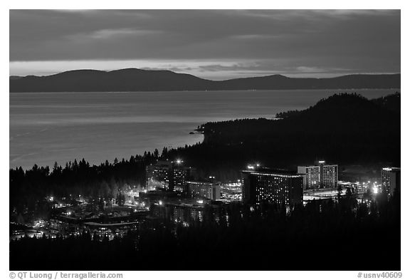 Stateline casinos and Lake Tahoe at dusk, Nevada. USA (black and white)