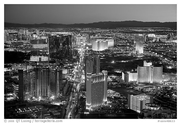 Las Vegas Strip lights seen from above at sunset. Las Vegas, Nevada, USA