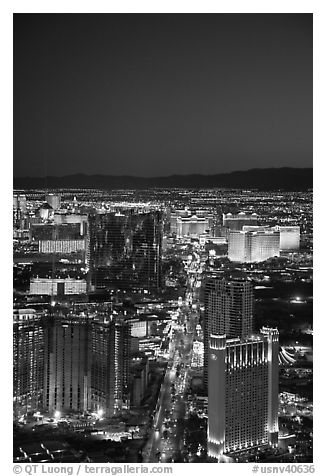 Las Vegas Boulevard and casinos seen from above at sunset. Las Vegas, Nevada, USA (black and white)