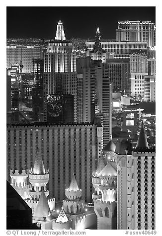 Las Vegas hotels seen from above at night. Las Vegas, Nevada, USA (black and white)