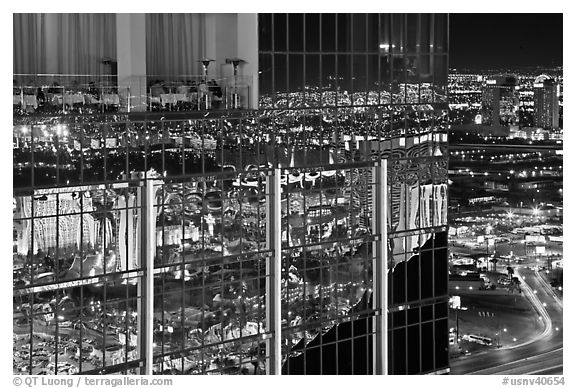 Dining room and night reflections, the Hotel at Mandalay Bay. Las Vegas, Nevada, USA (black and white)