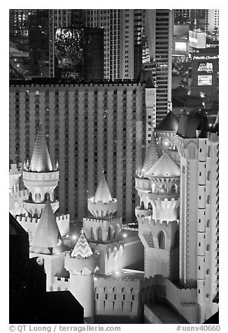 Excalibur towers from above. Las Vegas, Nevada, USA (black and white)