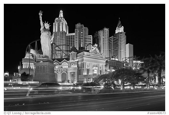 Las Vegas Boulevard and  New York New York casino at night. Las Vegas, Nevada, USA (black and white)
