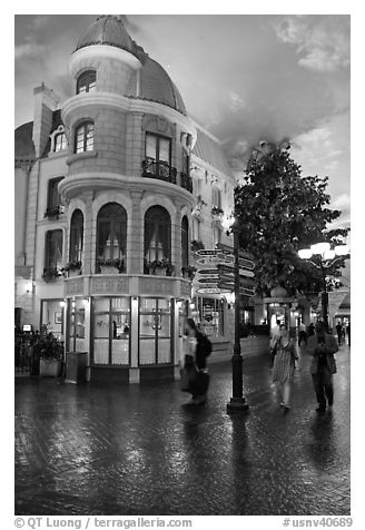 Cobblestone-like street inside Paris casino. Las Vegas, Nevada, USA (black and white)