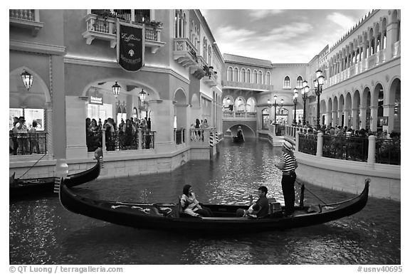 Family gondola ride inside Venetian casino. Las Vegas, Nevada, USA (black and white)