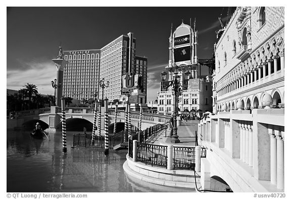 Venetian and Treasure Island hotels. Las Vegas, Nevada, USA (black and white)
