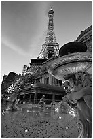 Fountain and Eiffel Tower replica at dusk, Paris casino. Las Vegas, Nevada, USA ( black and white)