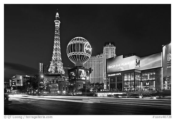 Las Vegas Boulevard and Eiffel Tower replica at dusk. Las Vegas, Nevada, USA (black and white)
