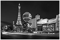 Las Vegas Boulevard and Eiffel Tower replica at dusk. Las Vegas, Nevada, USA ( black and white)