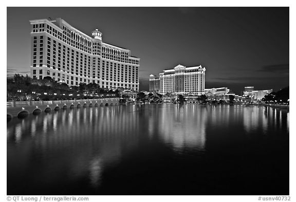 Bellagio and Caesar Palace reflected at dusk. Las Vegas, Nevada, USA (black and white)