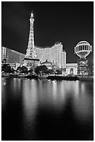 Paris Casino and Eiffel Tower reflected at night. Las Vegas, Nevada, USA (black and white)