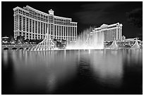 Dancing fountains, Bellagio, and Caesar Palace. Las Vegas, Nevada, USA (black and white)