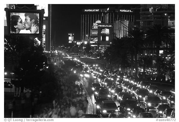 Congested foot and car traffic on Las Vegas Boulevard on Saturday night. Las Vegas, Nevada, USA (black and white)