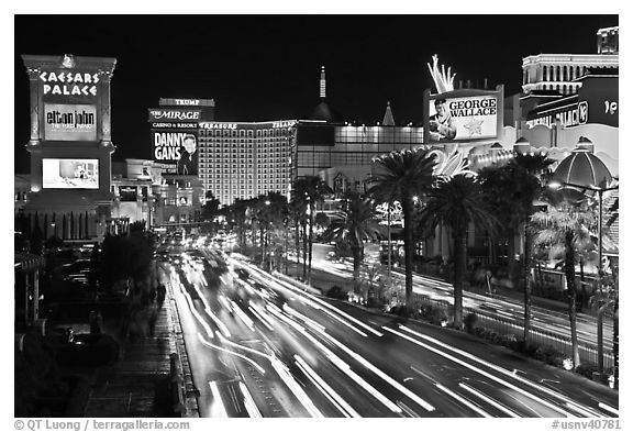 Hotels and Las Vegas Strip by night. Las Vegas, Nevada, USA (black and white)