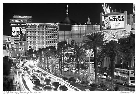 Busy traffic at night on Las Vegas Strip. Las Vegas, Nevada, USA (black and white)