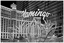 Flamingo hotel lights and Bellagio hotel reflections. Las Vegas, Nevada, USA (black and white)