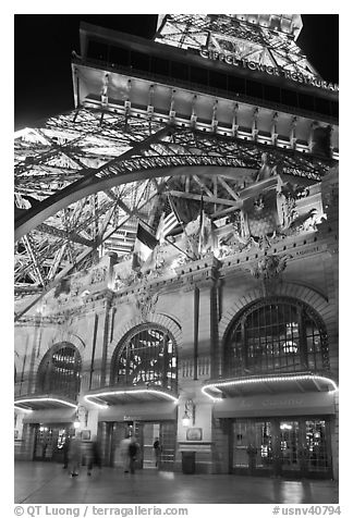 Entrance of Paris Las Vegas hotel below Eiffel tower replica. Las Vegas, Nevada, USA (black and white)