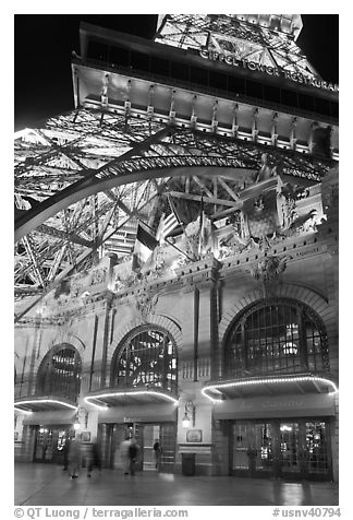 Entrance of Paris Las Vegas hotel below Eiffel tower replica. Las Vegas, Nevada, USA (black and white)