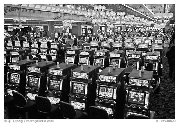 Rows of slot machines. Las Vegas, Nevada, USA (black and white)