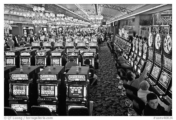 Gaming machines in casino. Las Vegas, Nevada, USA (black and white)