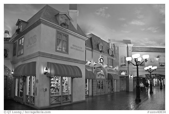 Stores in French style inside Paris hotel. Las Vegas, Nevada, USA (black and white)