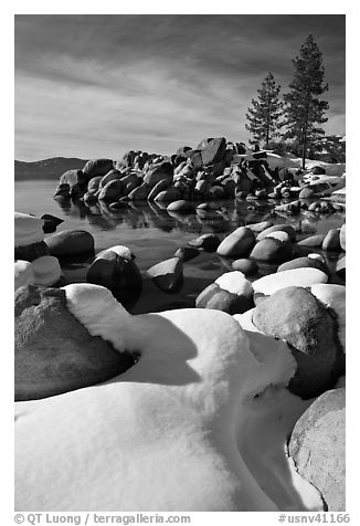 Snowy lakeshore, Lake Tahoe-Nevada State Park, Nevada. USA (black and white)