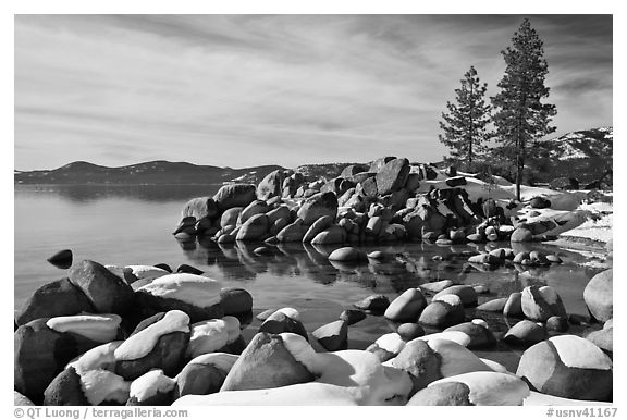 Snow and boulders on shore, Sand Harbor, Lake Tahoe-Nevada State Park, Nevada. USA (black and white)