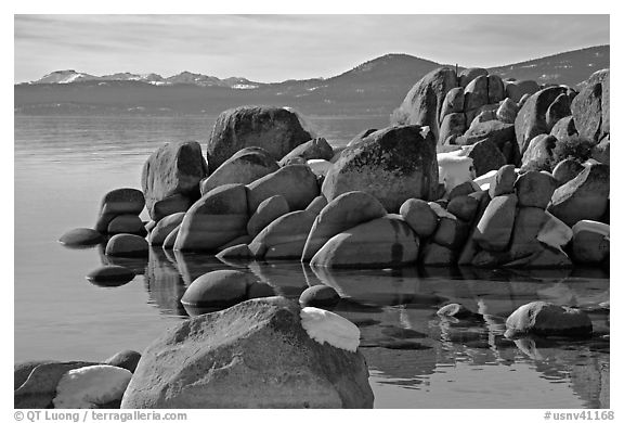 Boulders and lake in winter, Lake Tahoe-Nevada State Park, Nevada. USA (black and white)