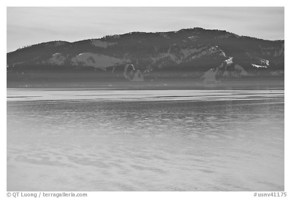 Mountains and lake in winter, Lake Tahoe, Nevada. USA (black and white)