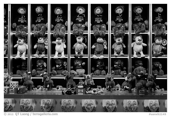 Rows of plush animals, Circus Circus. Reno, Nevada, USA (black and white)